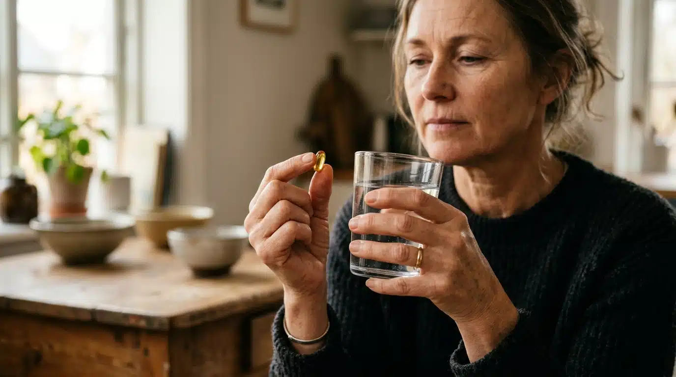 Femme tenant une gélule d'oméga-3 et un verre d'eau