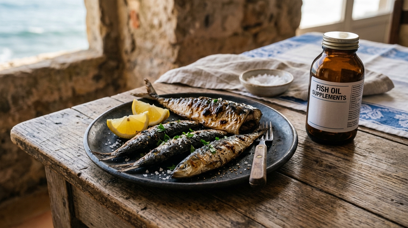 Poissons gras grillés à côté de gélules d'oméga-3 non utilisées