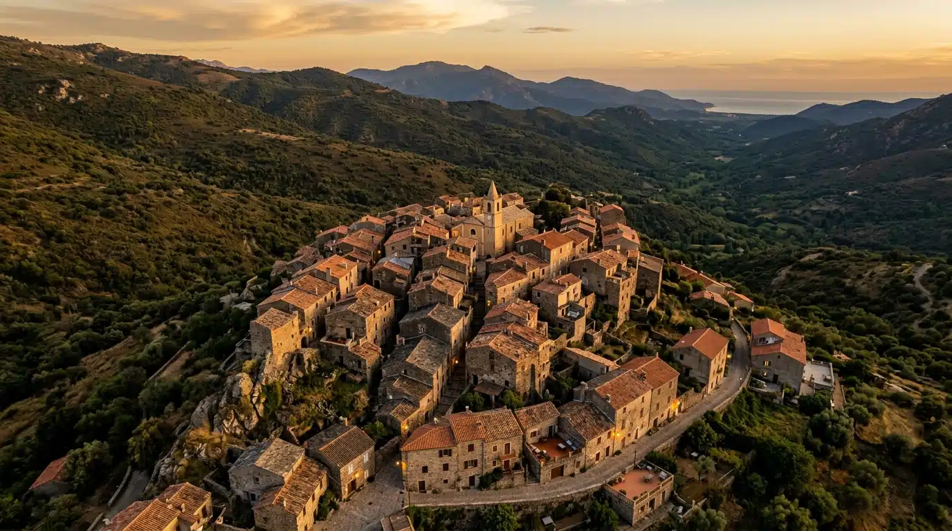 Village de Linguizzetta en Haute-Corse au coucher du soleil