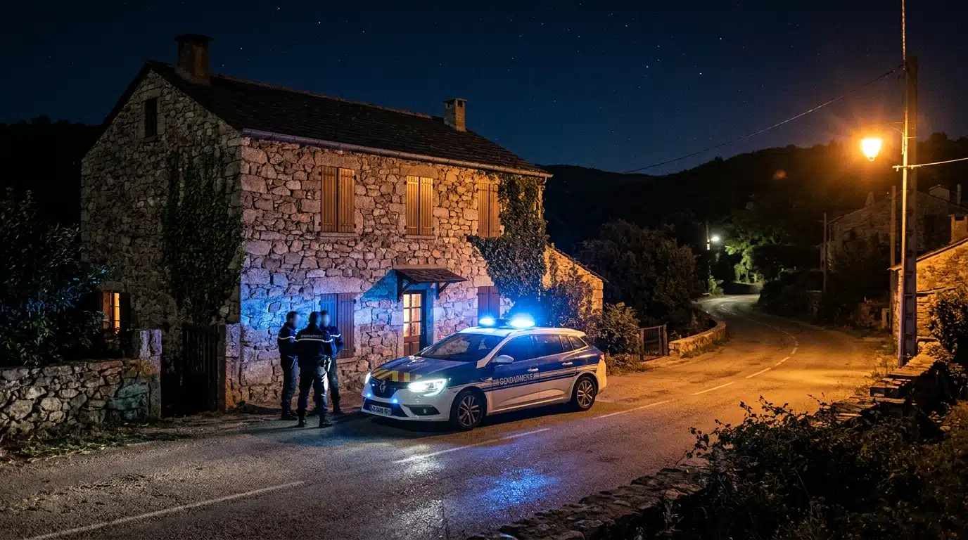 Voiture de police devant une maison corse la nuit