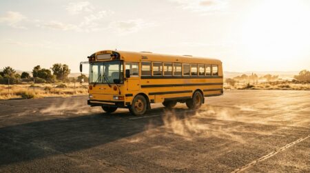 Bus de garderie stationné seul sous un soleil accablant