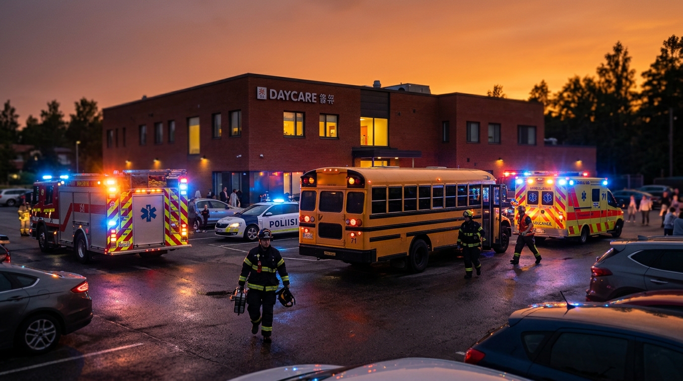 Véhicules d'urgence garés près d'un bus scolaire au crépuscule