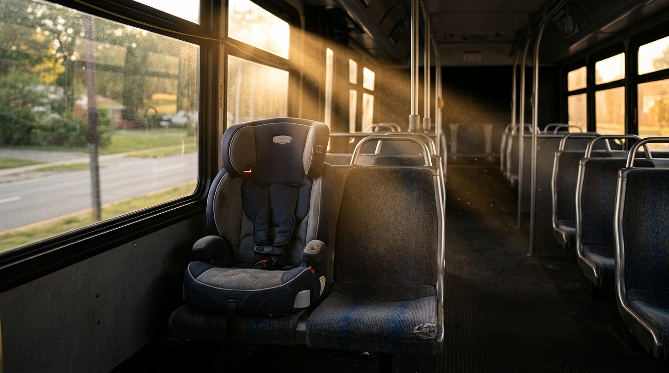 Siège enfant vide dans un bus baigné de lumière dorée