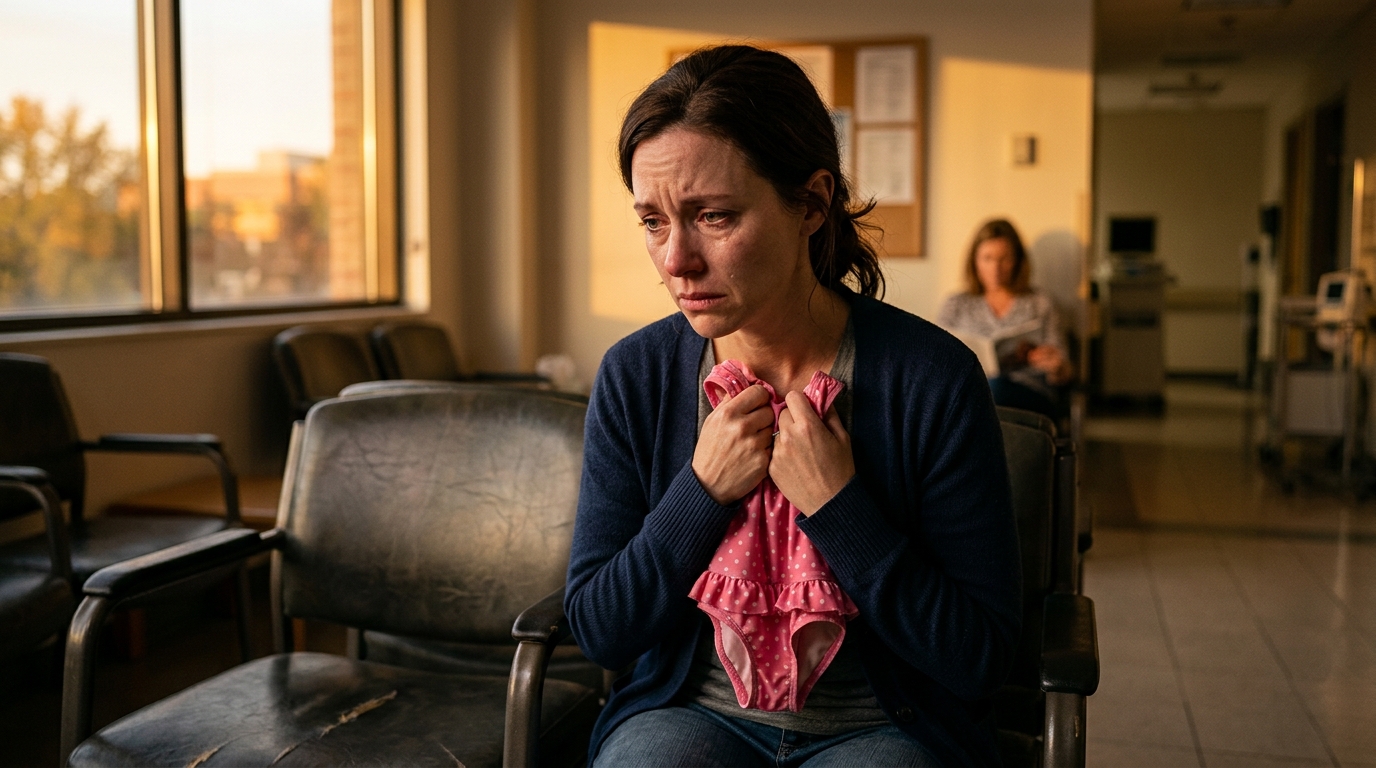 Mère bouleversée dans une salle d'attente d'hôpital