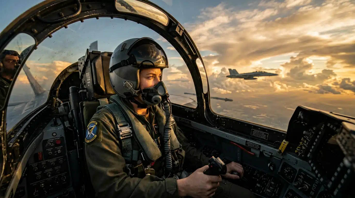 Pilote de Rafale scrutant le ciel depuis son cockpit