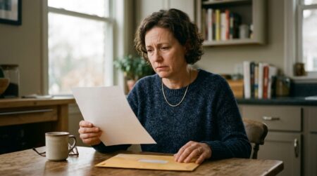 Personne inquiète tenant une lettre à table