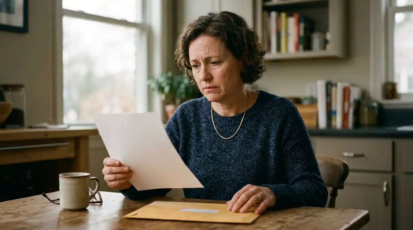 Personne inquiète tenant une lettre à table