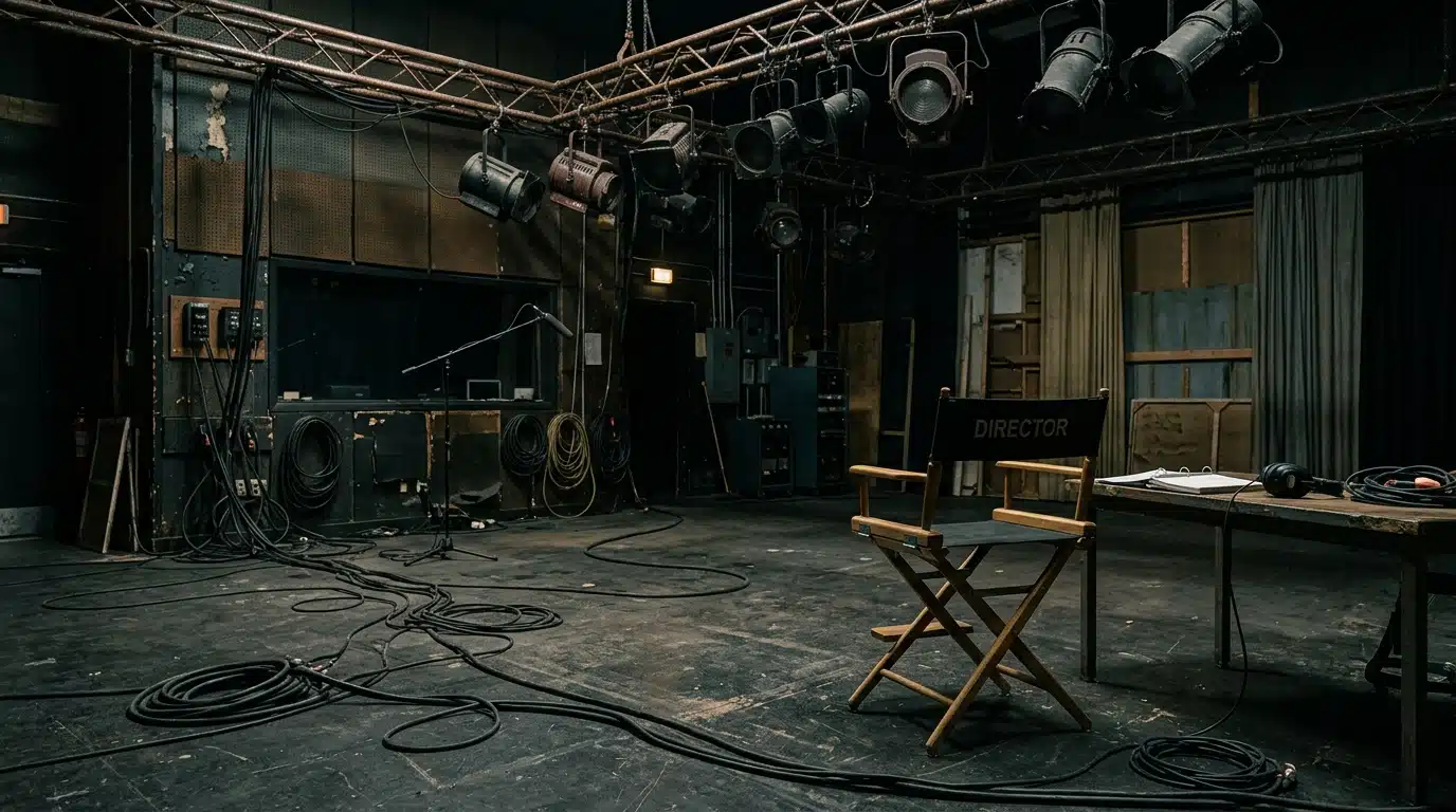 Studio de tournage vide avec projecteurs éteints et chaise vide