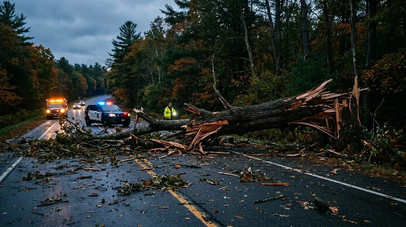 Arbre massif effondré en travers d'une route