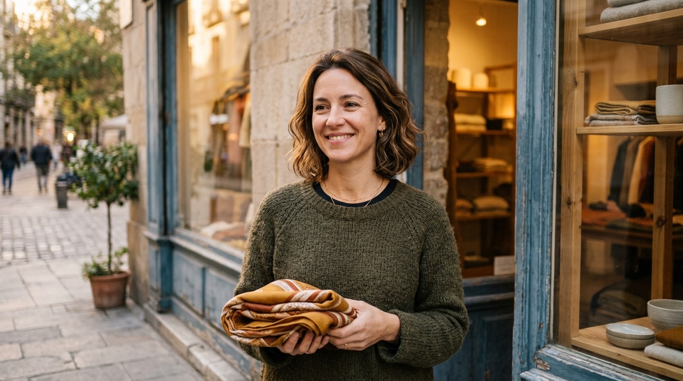 Femme souriante devant une boutique de vêtements