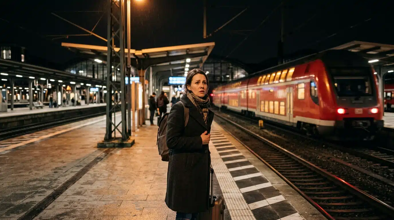 Mère seule sur un quai de gare allemande la nuit