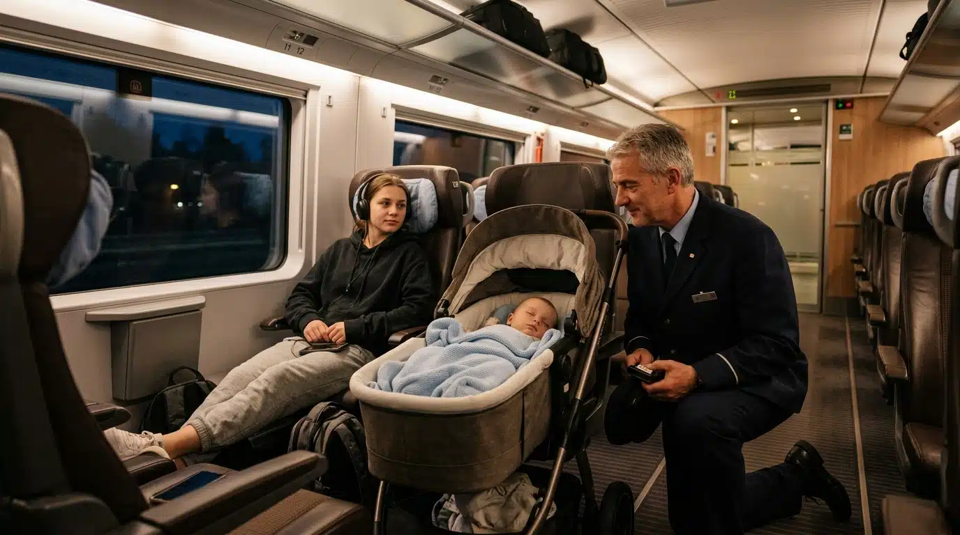 Contrôleur veillant sur un bébé et un adolescent dans le train