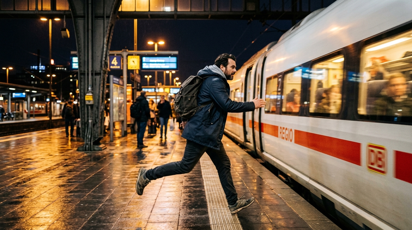 Père courant sur le quai pour rattraper le train