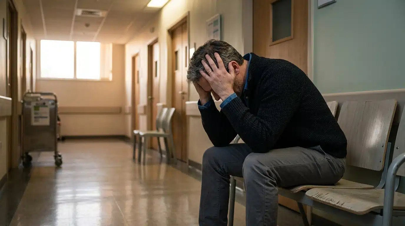 Homme épuisé assis seul dans un couloir d'hôpital