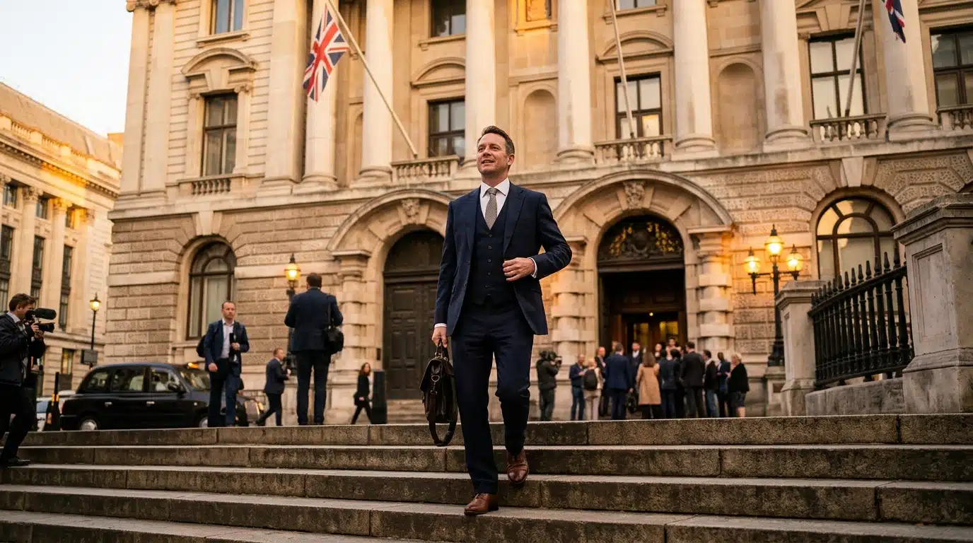 Homme quittant les marches d'un tribunal londonien