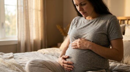 Femme enceinte tenant son ventre dans une chambre lumineuse