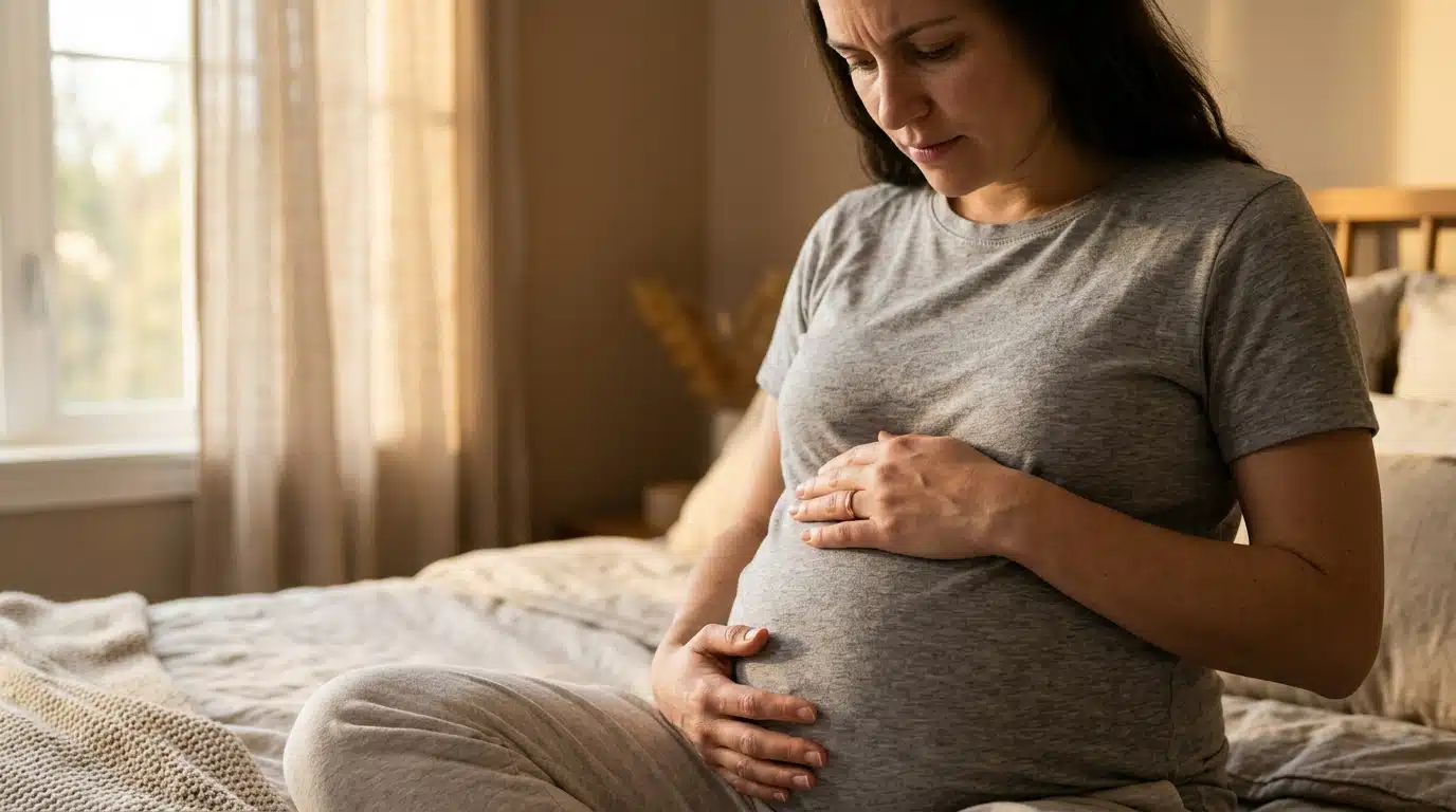 Femme enceinte tenant son ventre dans une chambre lumineuse