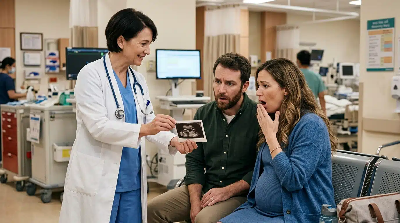 Médecin montrant une échographie à un couple surpris