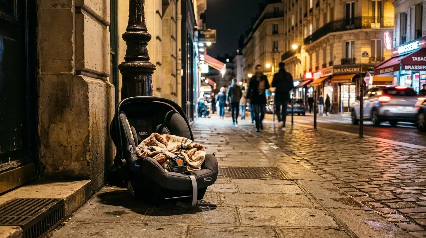 Siège auto vide de bébé abandonné sur un trottoir