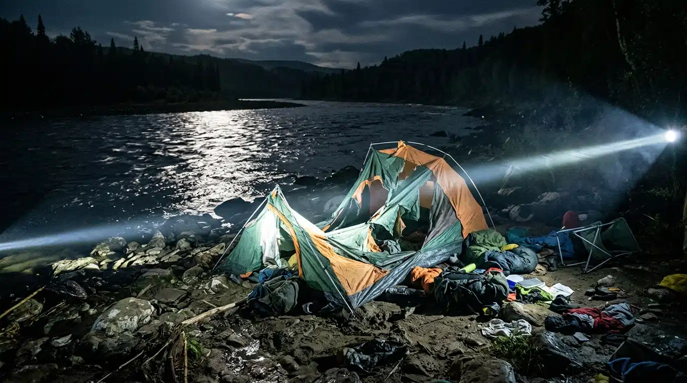 Tente de camping déchirée près d'une rivière la nuit