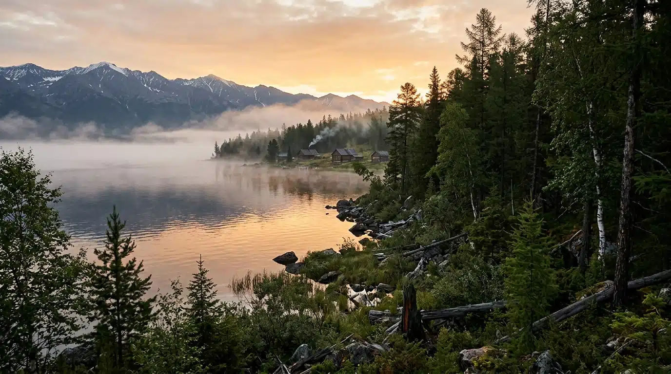 Forêt sibérienne brumeuse au bord du lac Teletskoïe