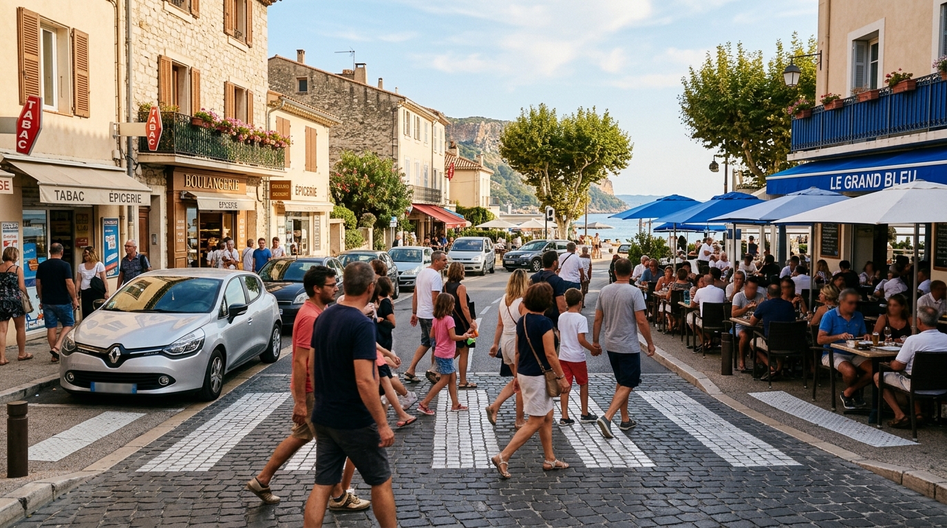 Passage piéton et terrasse de restaurant dans une ville côtière