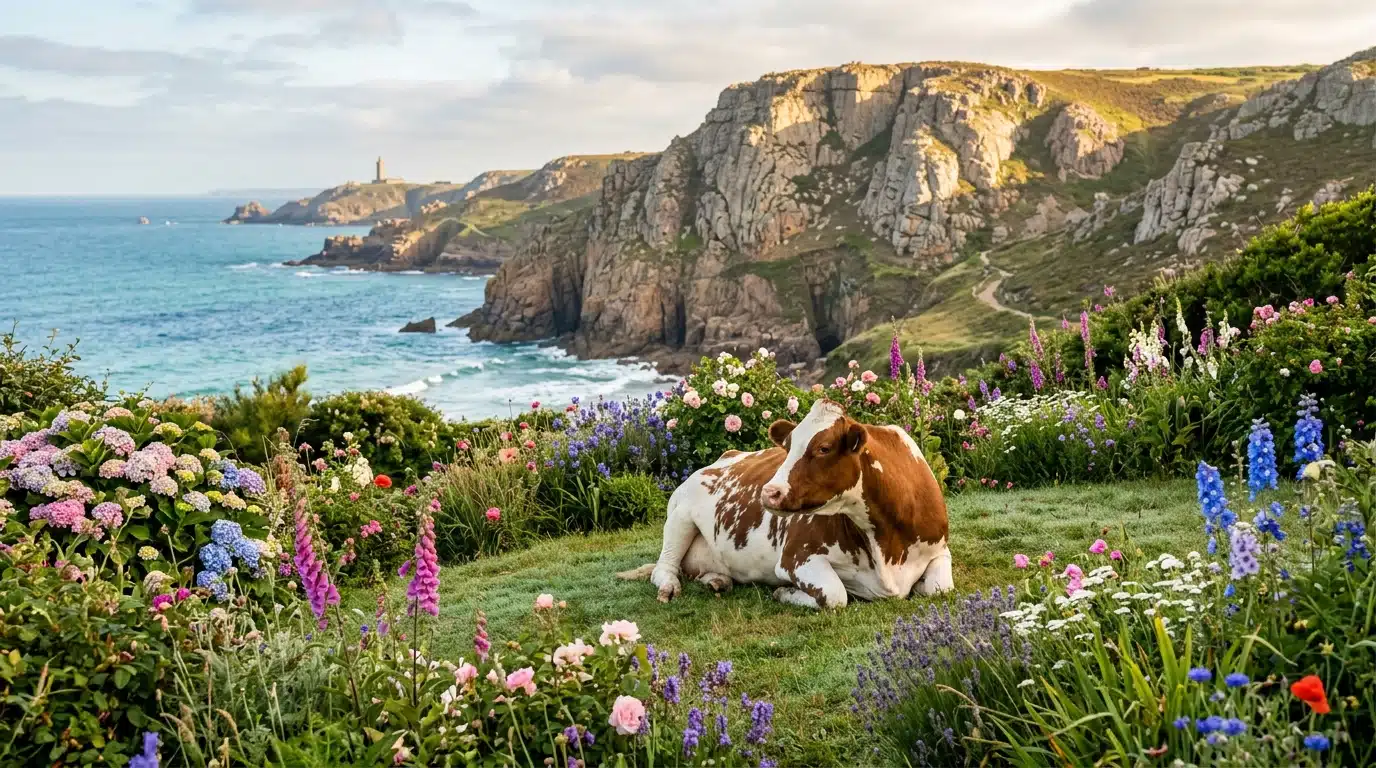Vache allongée dans un jardin fleuri au pied d'une falaise