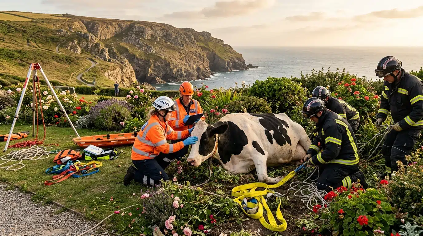 Secours évaluant l'état de la vache tombée dans le jardin