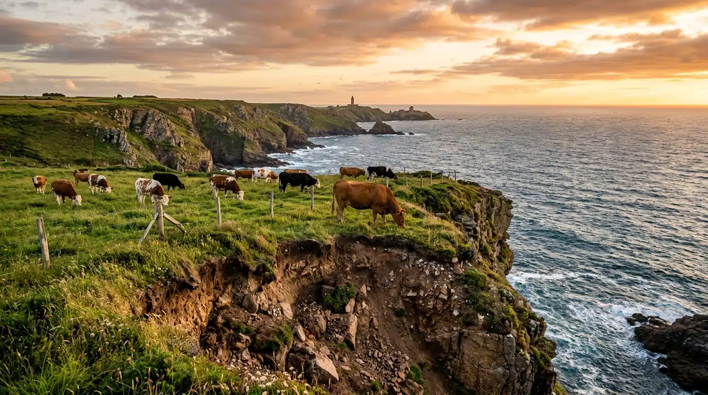 Vaches broutant au sommet d'une falaise bretonne érodée