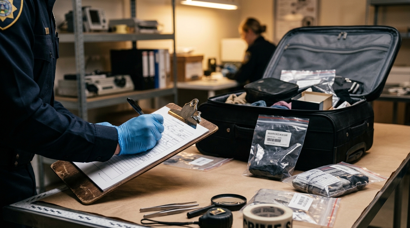 Enquêteur examinant une valise sur une table forensique