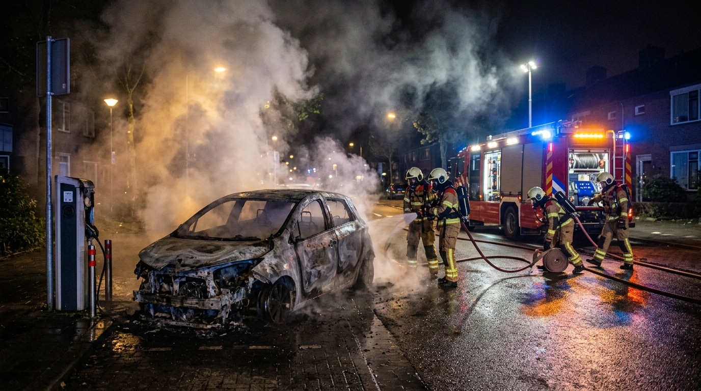 Voiture électrique calcinée sur borne de recharge la nuit