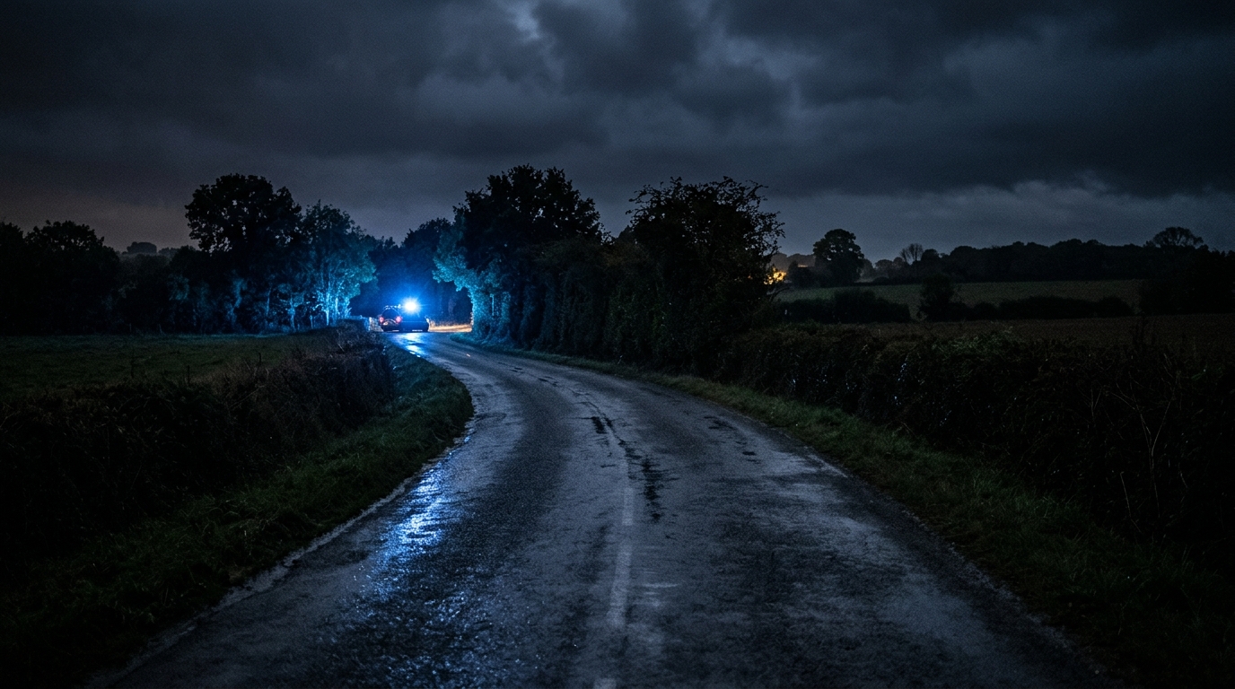 Route de campagne normande la nuit avec gyrophare au loin