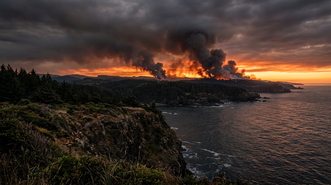 Fumée d'incendie au loin près de la mer