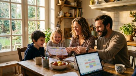 Famille consultant le calendrier scolaire à la maison