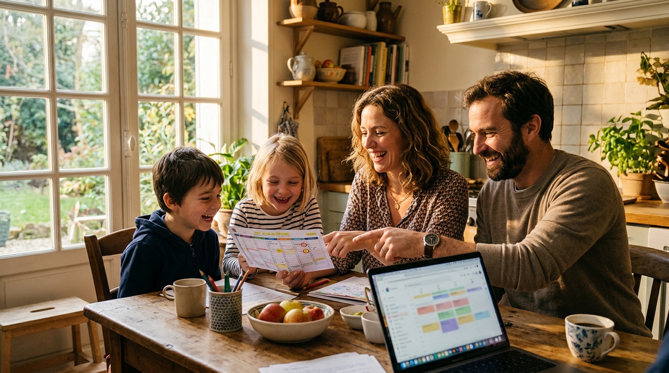 Famille consultant le calendrier scolaire à la maison