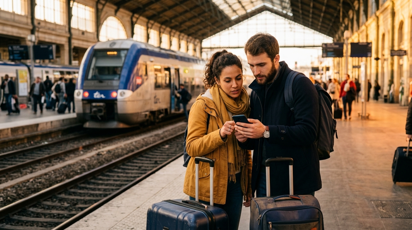 Couple vérifiant les prix de billets de train en gare