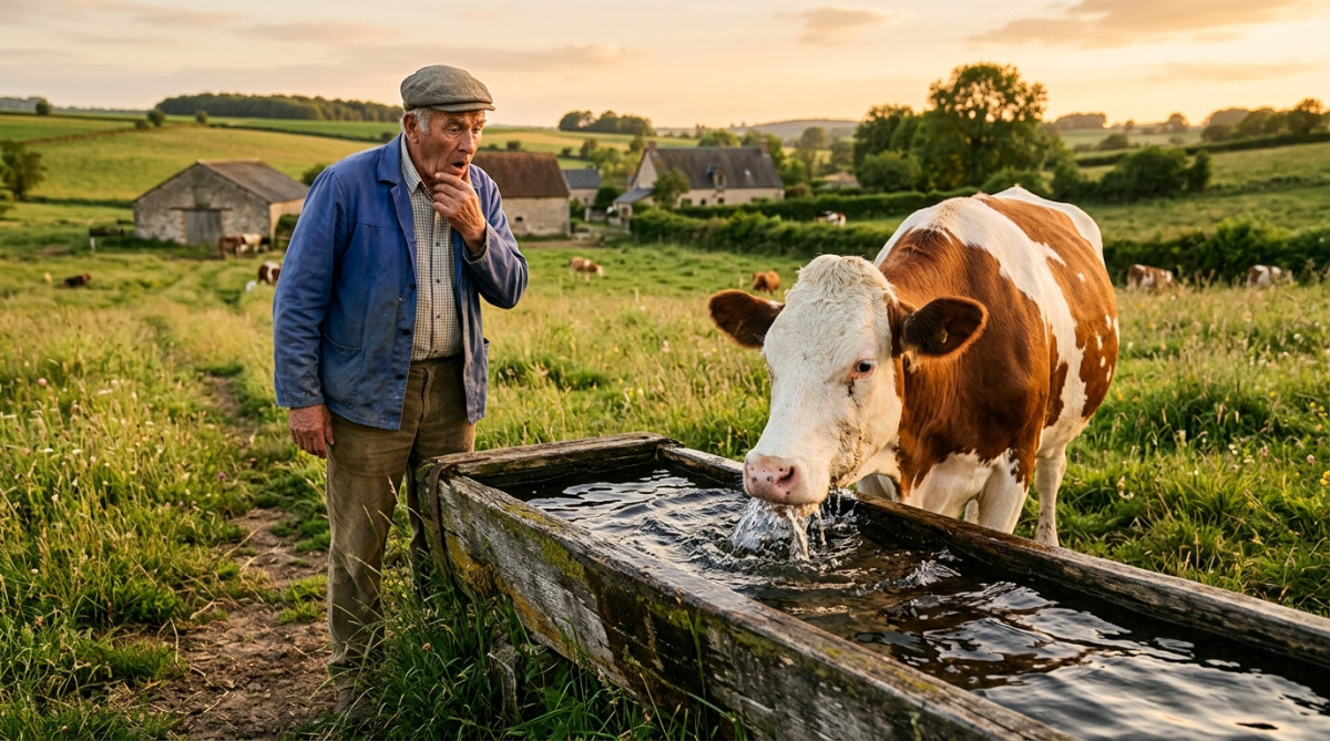 Vache buvant de l'eau dans un abreuvoir en pâturage