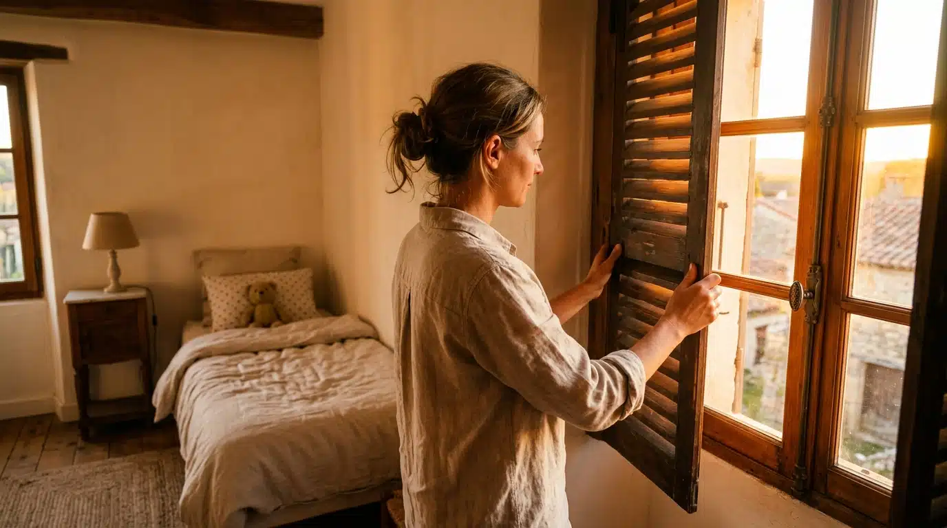 Fermeture des volets d'une chambre d'enfant au coucher du soleil