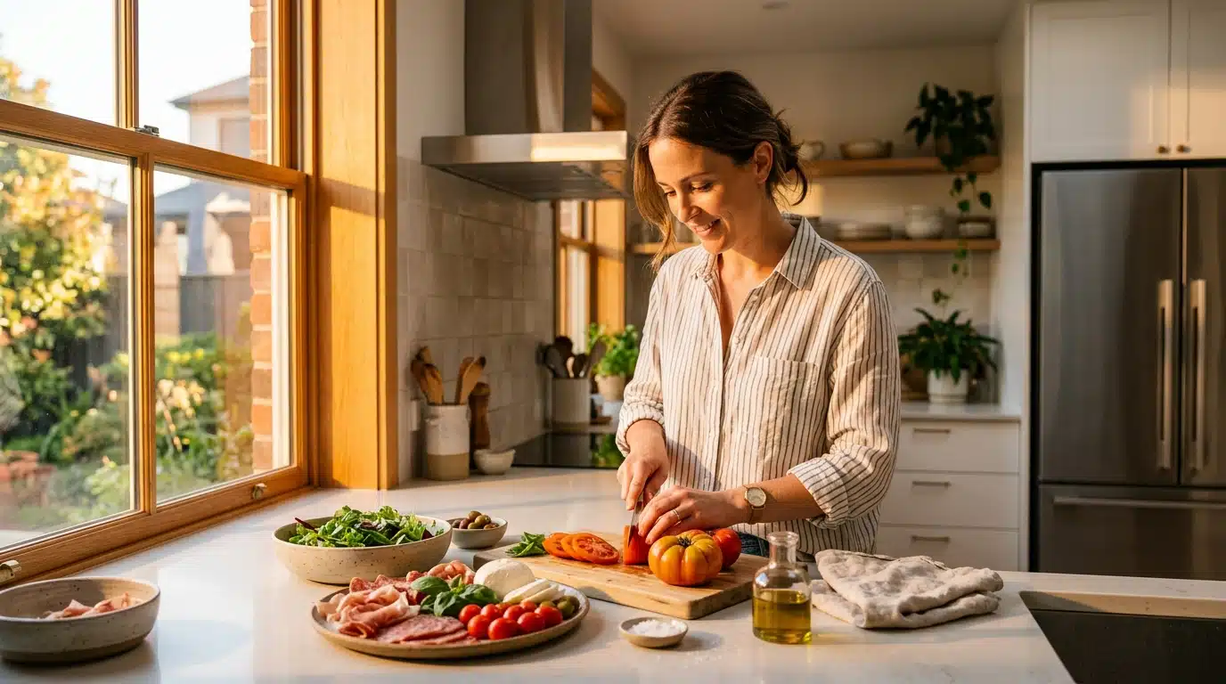 Préparation d'un dîner froid dans une cuisine ensoleillée