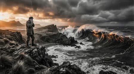 Vague géante submergeant une île isolée en 1926