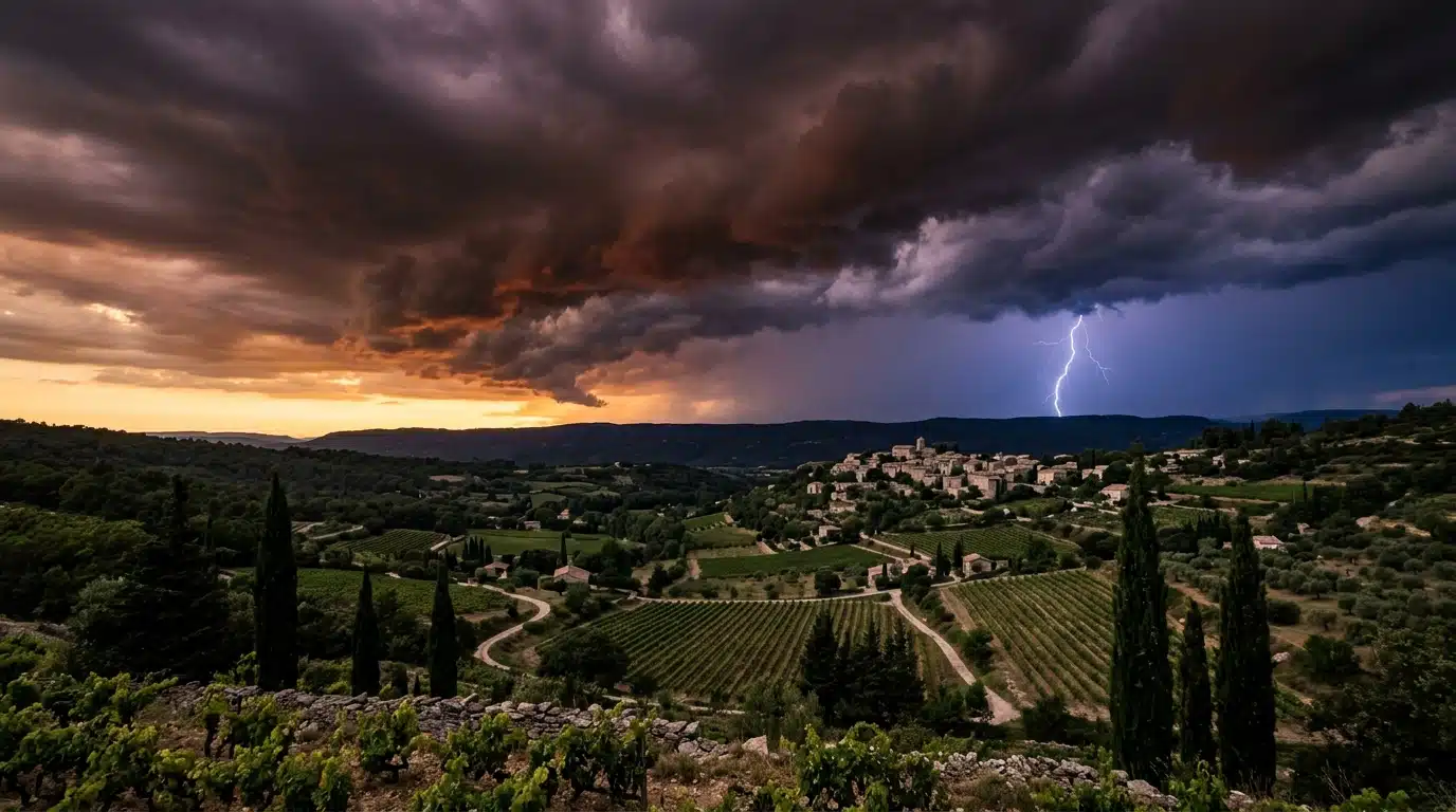 Ciel orageux sombre au-dessus d'un vignoble provençal
