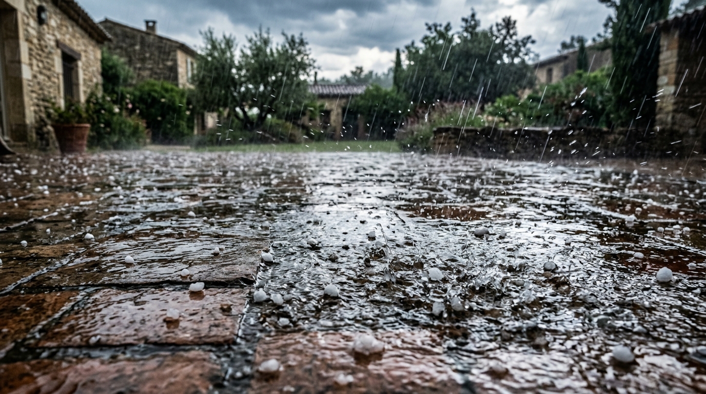 Grêle et pluie battante sur une terrasse en pierre