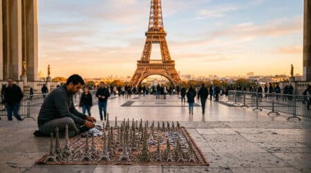 Vendeur de tours Eiffel miniatures au Trocadéro à Paris