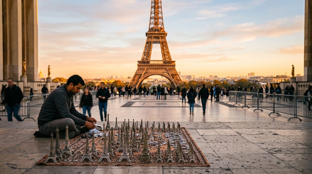 Vendeur de tours Eiffel miniatures au Trocadéro à Paris