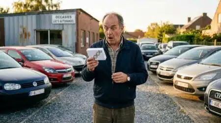 Vendeur de voitures belge tenant un kit de test ADN