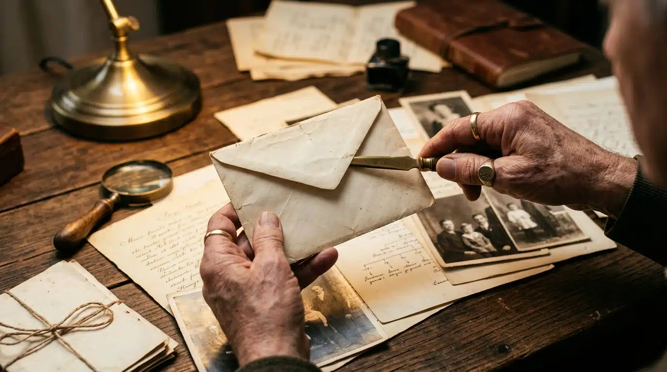 Documents généalogiques et archives familiales sur une table