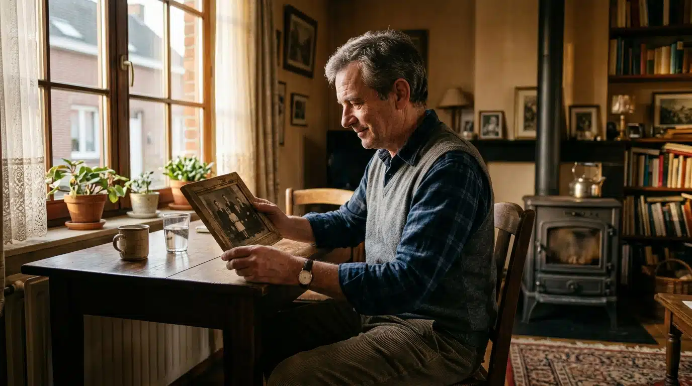 Homme regardant une photo de famille ancienne avec émotion