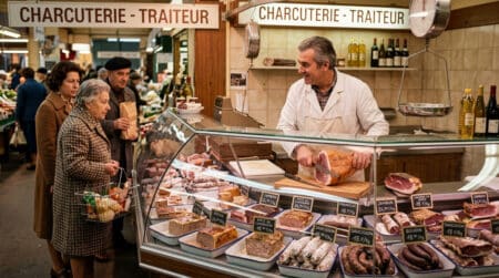 Vendeur tranchant du jambon au rayon charcuterie en 1975