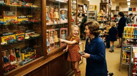 Vendeuse aidant une enfant au rayon jouets vintage