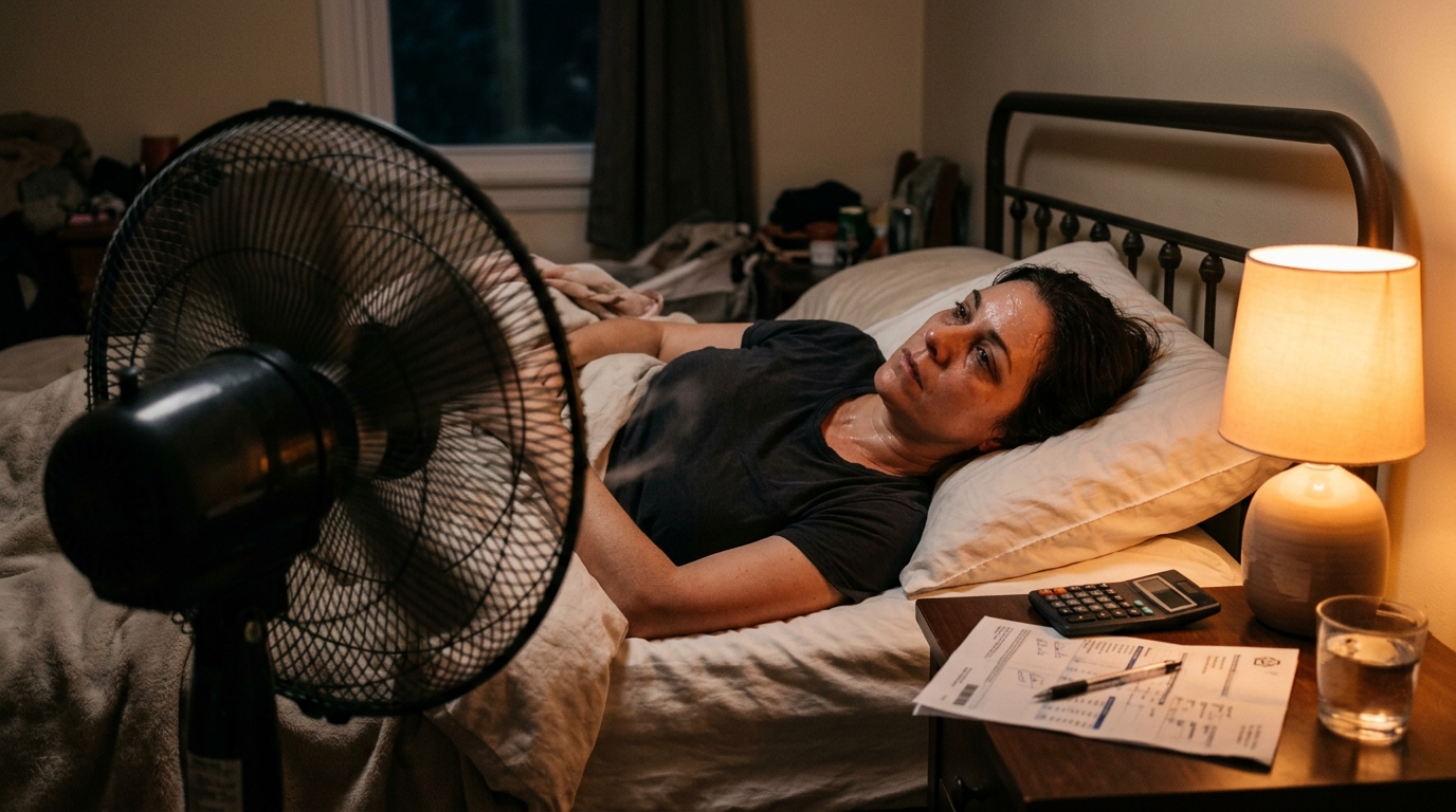 Femme allongée la nuit avec ventilateur allumé dans la chambre